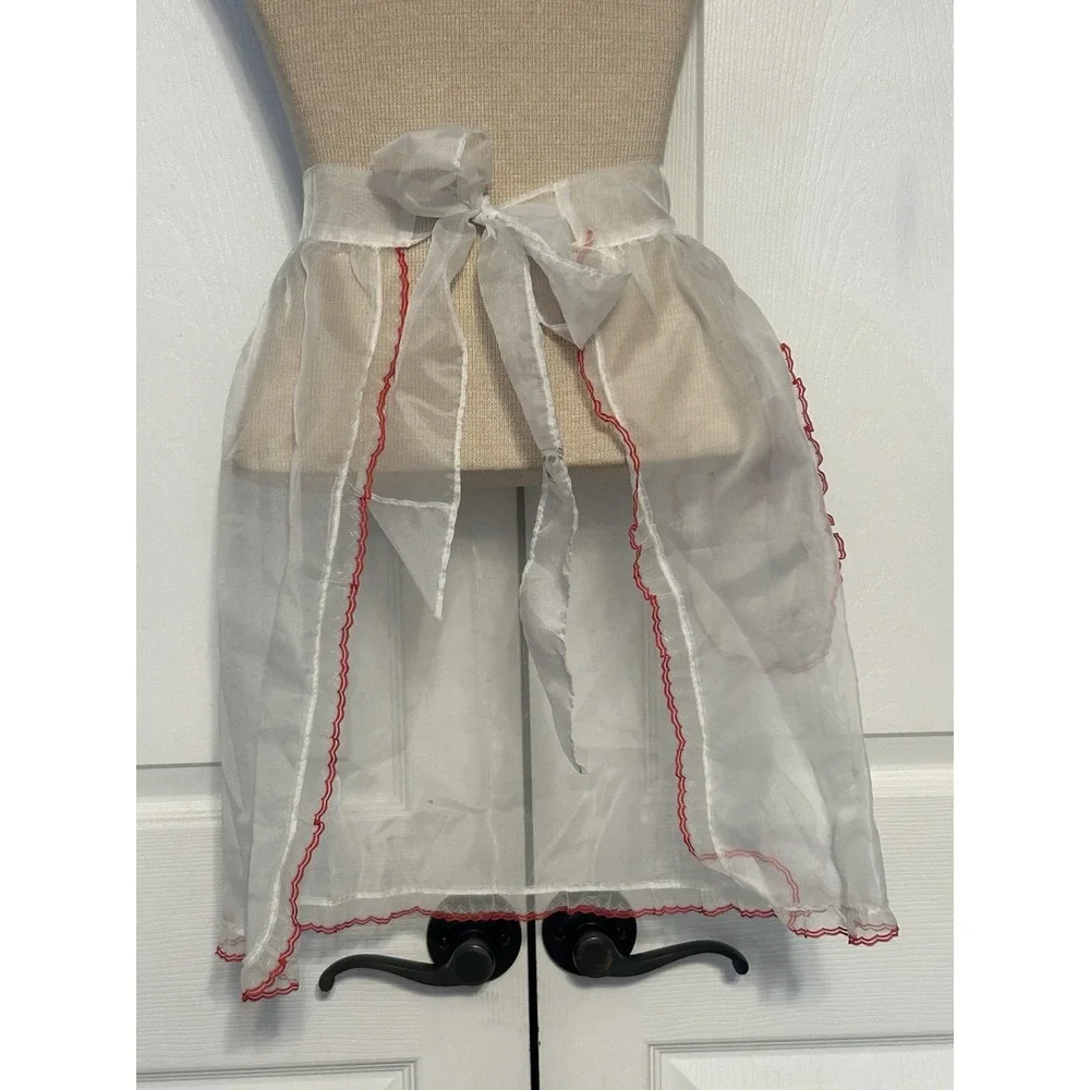 Vintage Handmade Sheer Kitchen Apron Floral Rose‎ White Red Trim